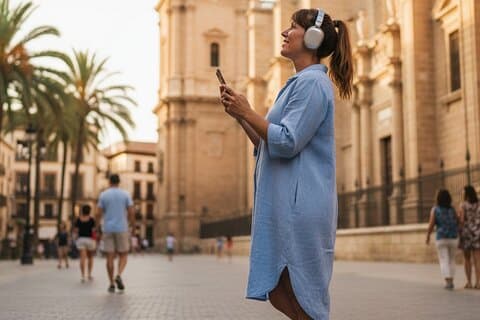 Traveler enjoying captivating stories through her self guided tour in Malaga