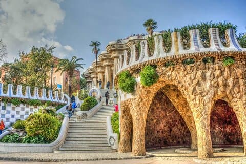 Park Güell stairway with Gaudí architecture in Barcelona