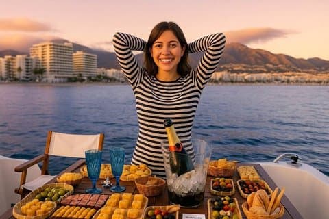Fuengirola Boat Activity with Cocktail Dinner Champagne & Sunset