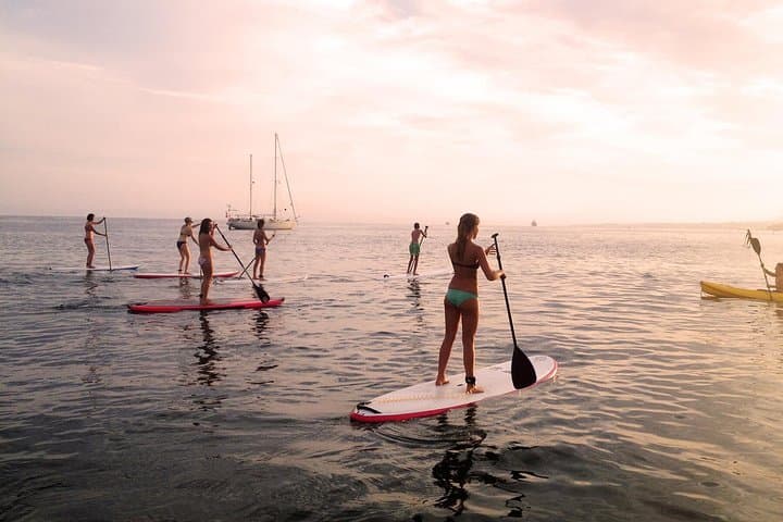 Group paddling at sunset