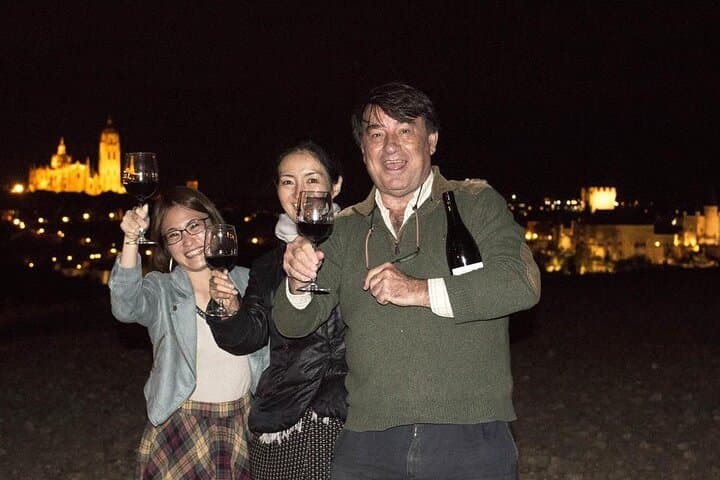 Wine toast in front of Segovia at night