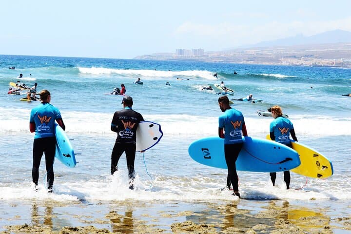 Group Surf Class in Playa de Las Américas with Photographs
