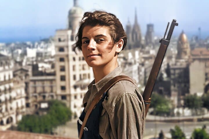 Young communist girl Marina Ginesta wearing a rifle