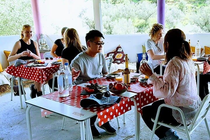 Enjoying Brunch on the terrace overlooking the donkeys