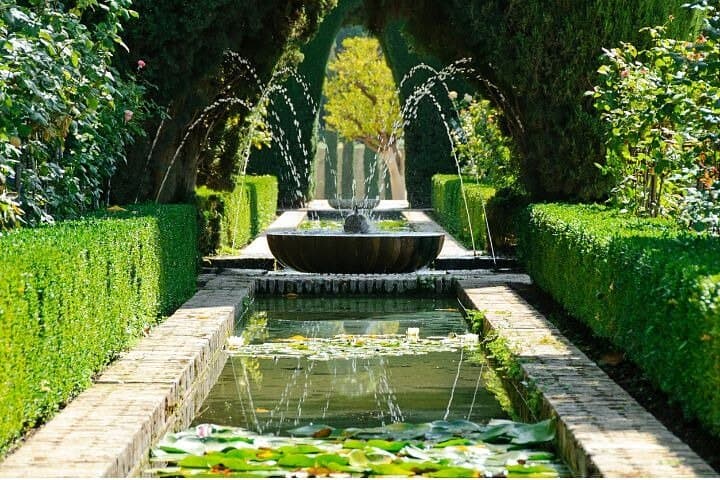 Generalife fountain and gardens in the Alhambra in Granada