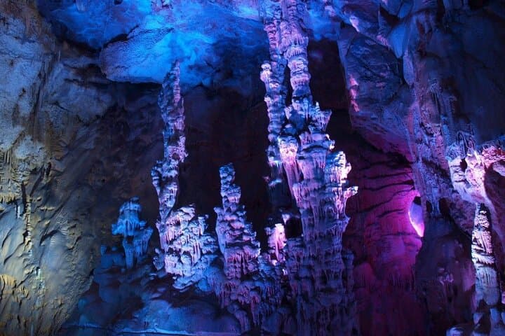 Spectacular stalactite formations in the Cave of Canelobre, illuminated to highlight their natural textures