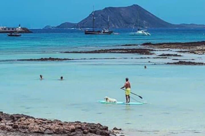 Paddle surfer Pierre & Evita with view Lobos Island
