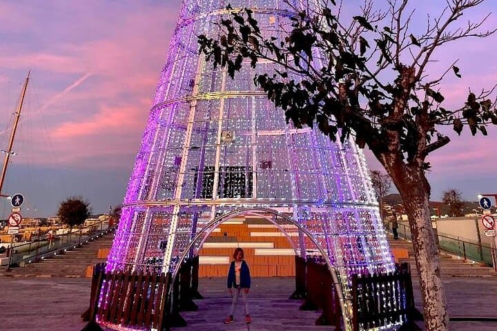 A beautiful lit Christmas tree in Ibiza Town at night.