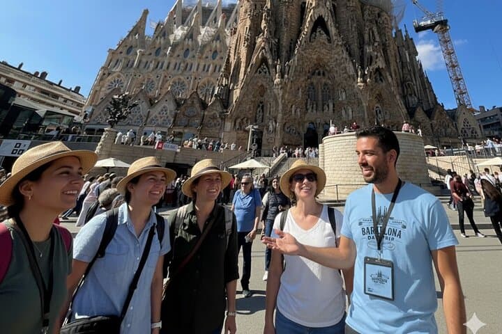 A group of tourists and a guide in front of the Sagrada Família