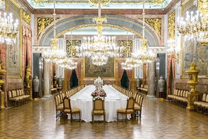 The banquet hall and the Gasparini room, which feature intricate decor, chandeliers, and artwork
