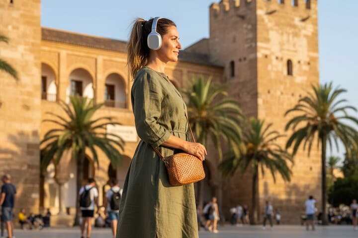 Woman listening to audioguides about top sights in Malaga