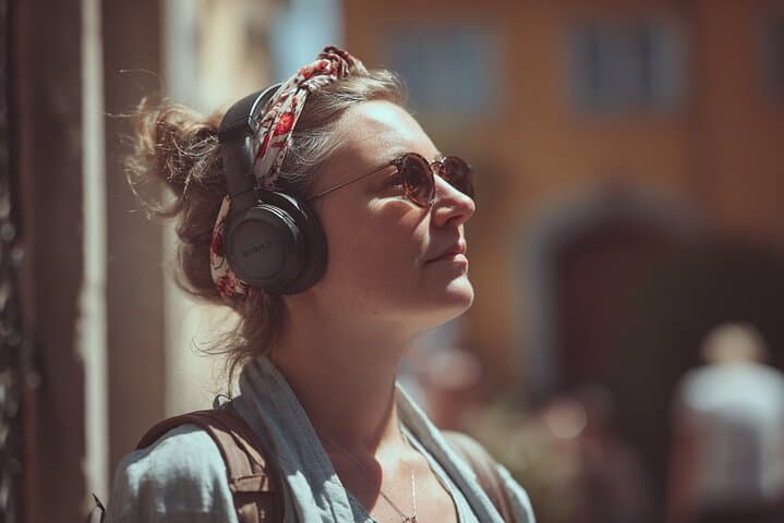 Woman listening to audio stories in Malaga.