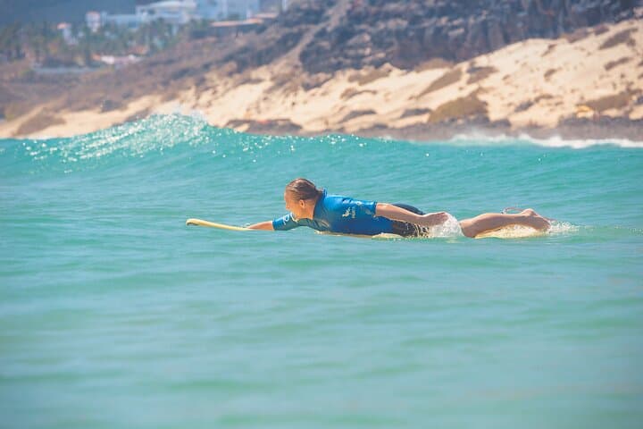 Relaxed paddling in clean, small waves on the east coast of Fuerteventura.