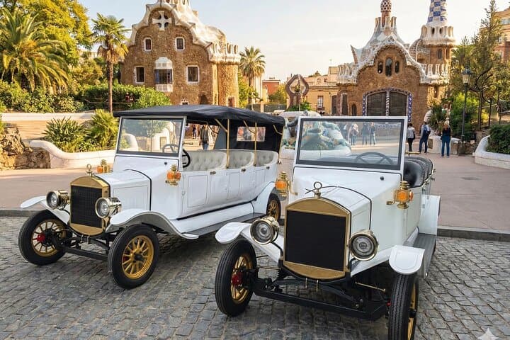 Guided Tour City, Park and Beach Barcelona Vintage Tuk Tuk Car