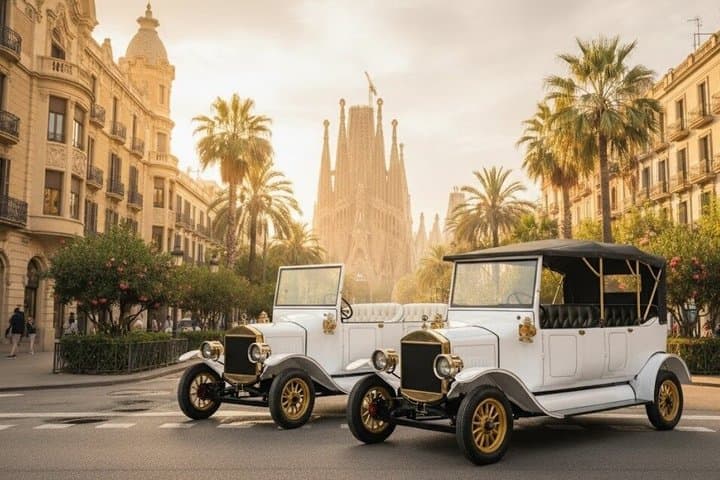 Guided Tour City, Park and Beach Barcelona Vintage Tuk Tuk Car