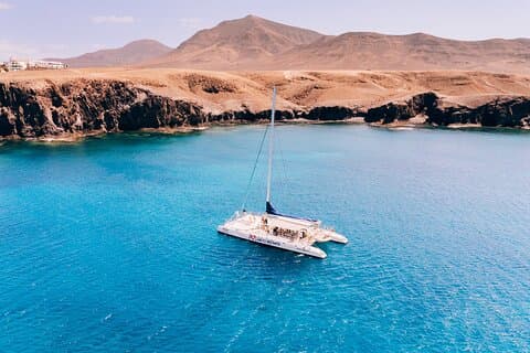Aerial view of the catamaran anchored off the coast of Papagayo.