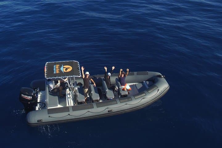Custom built 8 meter whale watching rigid hull inflatable boat for up to 10 guests - join us for thrilling and respectful eco-adventures!
