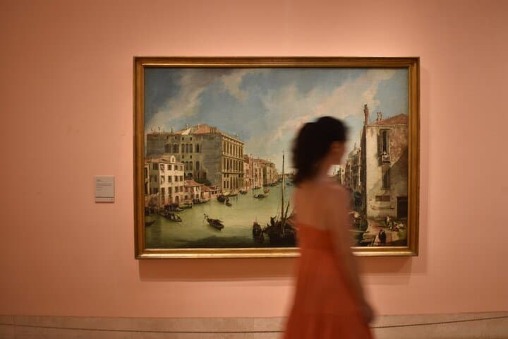 Visitor contemplates pictures at the Thyssen Museum.